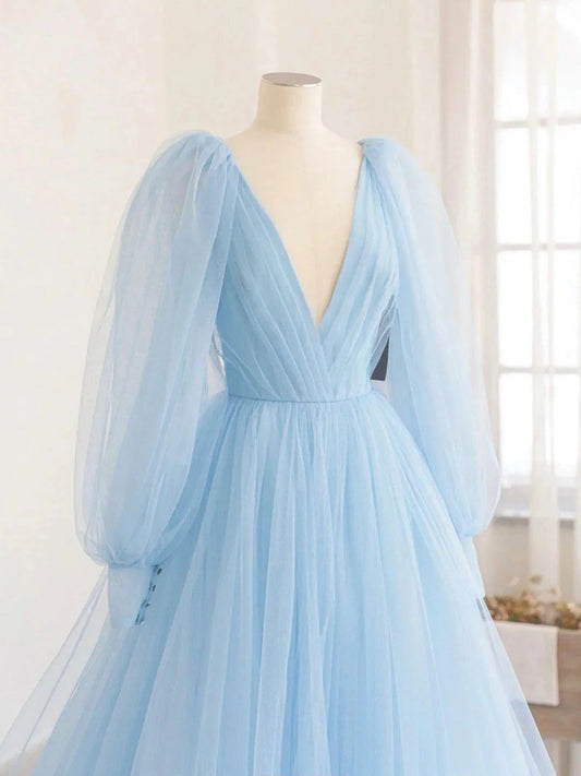 Blue V-Neck Tulle Long Prom Dress A-Line Long Sleeve Evening Dress simple gentle atmospheric and unique desi Bring summer colors to enhance white by YiHuiw