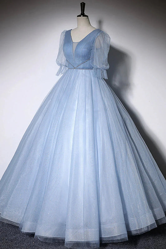 Blue V-Neck Tulle Long Prom Dress, A-Line Formal Evening Dress simple gentle atmospheric and unique desi Bring summer colors to enhance white by YiHuiw