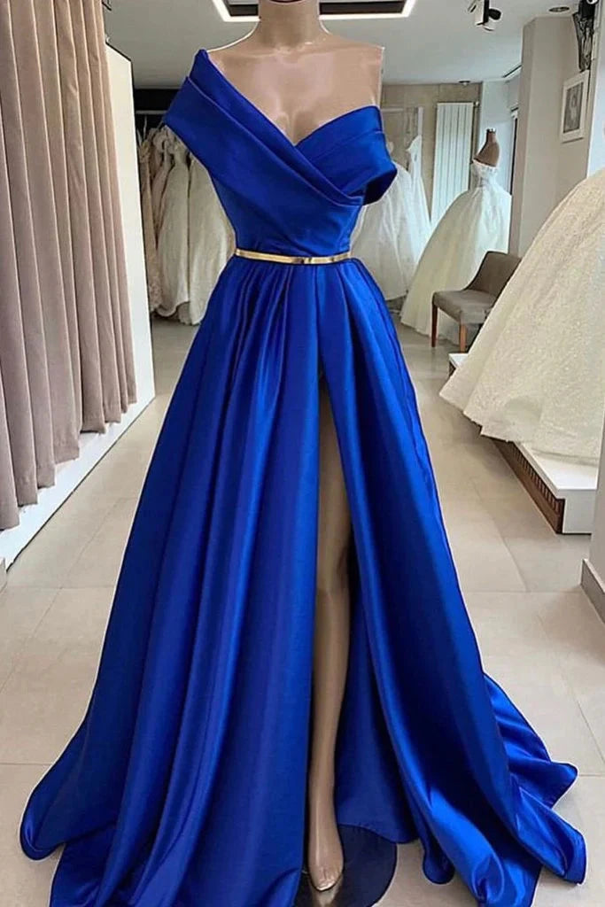 Blue satin dress with single-sided off shoulder cross design, high waist and gold belt suitable for occasions such as dinners and dances by YiHuiw