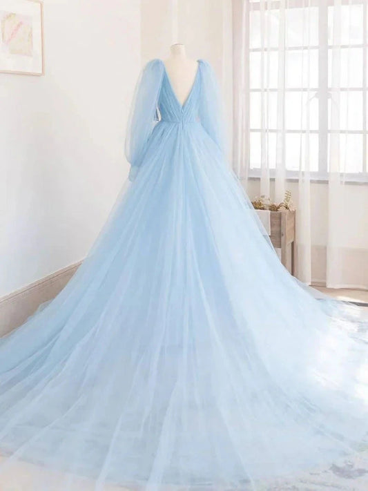 Blue v neck tulle long prom dress blue tulle evening dress simple gentle atmospheric and unique desi Bring summer colors to enhance whitenes by YiHuiw