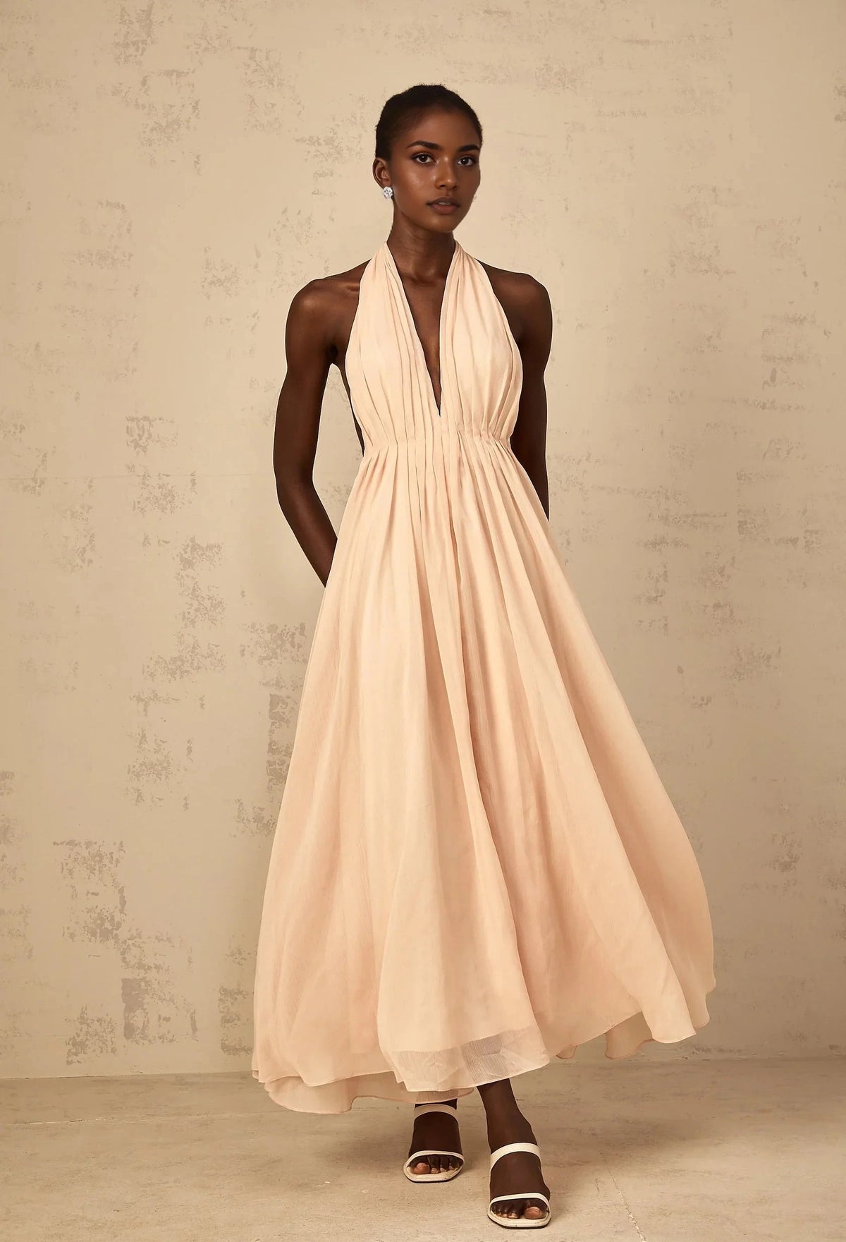 Blush Halter Neck Maxi Dress with Open Back Dulcie Halterneck Shirred Tulle Maxi Dress Evening Dress by YiHuiw