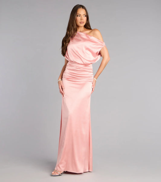 Mermaid Off-Shoulder Satin Draped Floor-Length Wedding Dress - Yihuiw by Yihuiw