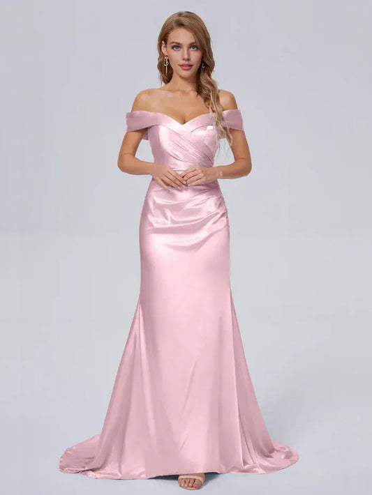 Mermaid Off-Shoulder Satin Train Wedding Dress - Yihuiw by Yihuiw