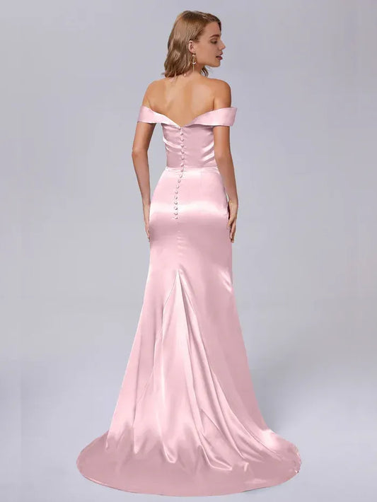 Mermaid Off-Shoulder Satin Train Wedding Dress - Yihuiw by Yihuiw