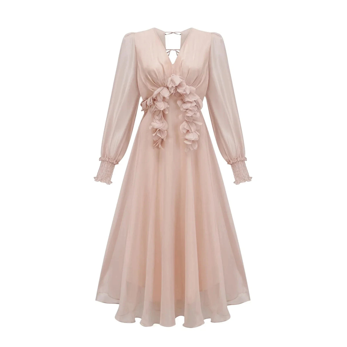 Blush Pink Floral Appliqué Midi Dress with Puff Sleeves Lucie faux-floral embellished midi dress Evening Dress by YiHuiw