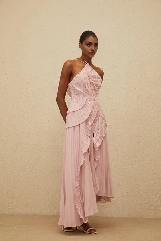 Blush Pink Halter Neck Pleated Midi Dress with Ruffles Pink Ruffled Trim Pleated Midi Dress Evening Dress by YiHuiw