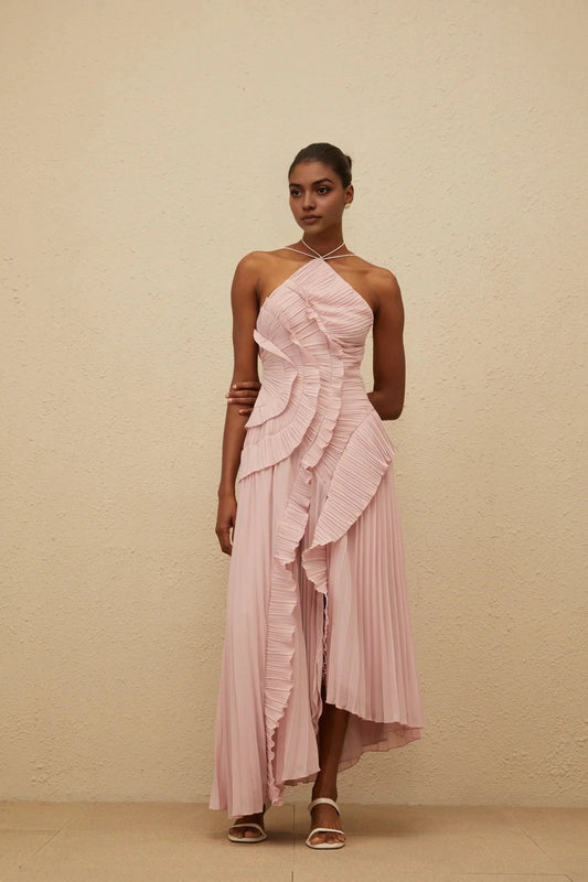 Blush Pink Halter Neck Pleated Midi Dress with Ruffles Pink Ruffled Trim Pleated Midi Dress Evening Dress by YiHuiw