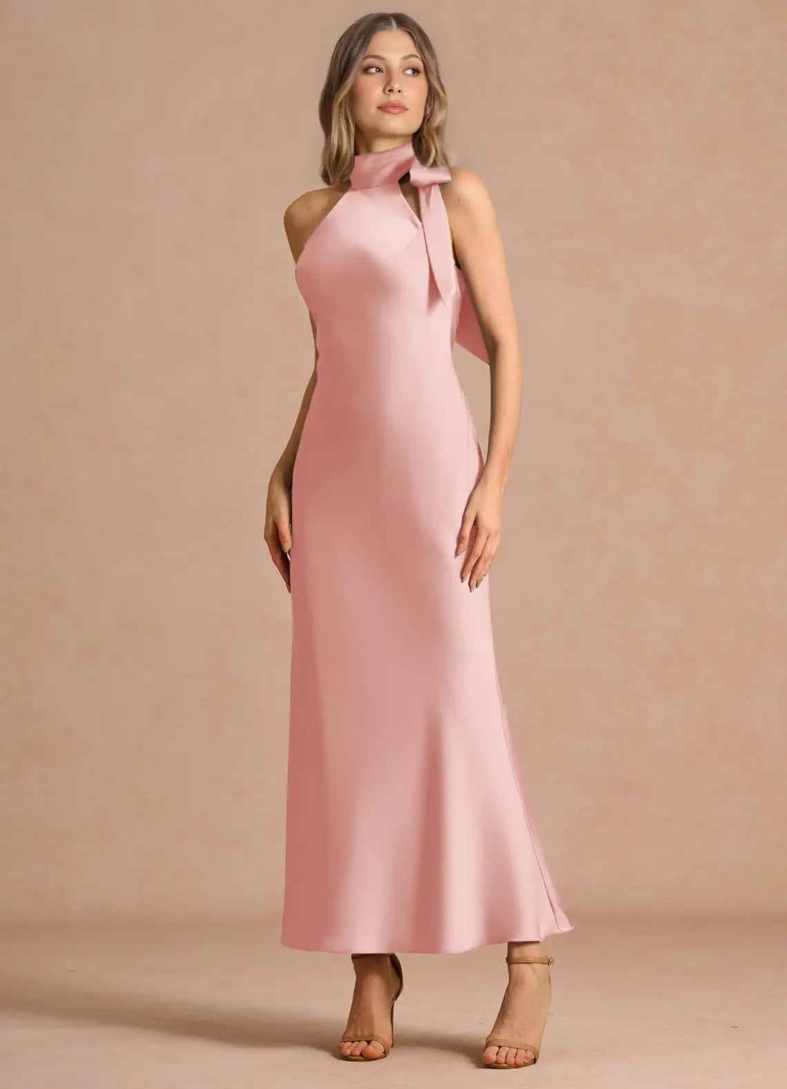 Blush Pink Mermaid Halter Satin Midi Wedding Dress - Yihuiw by Yihuiw