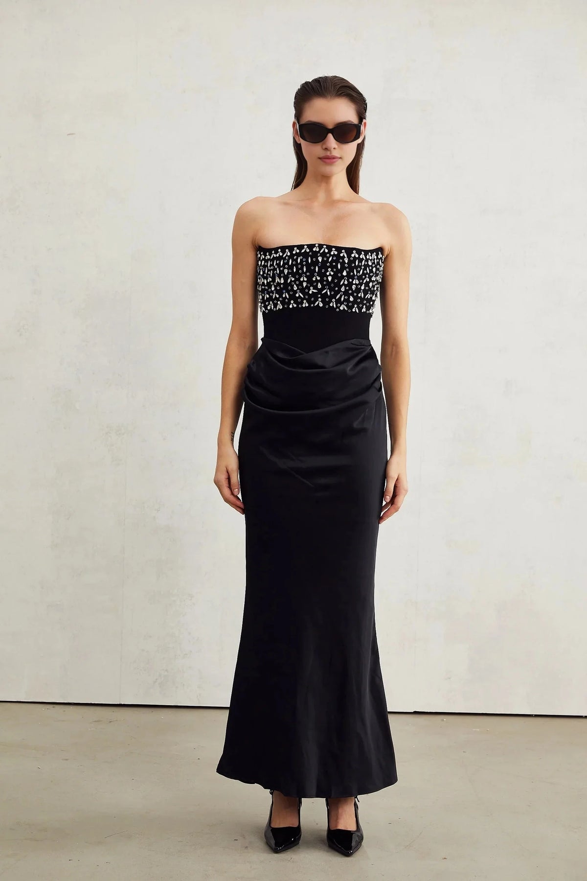 Black Strapless Maxi Dress with Crystal Embellished Bodice Aurore Crystal Embellished Maxi Dress Evening Dress by YiHuiw