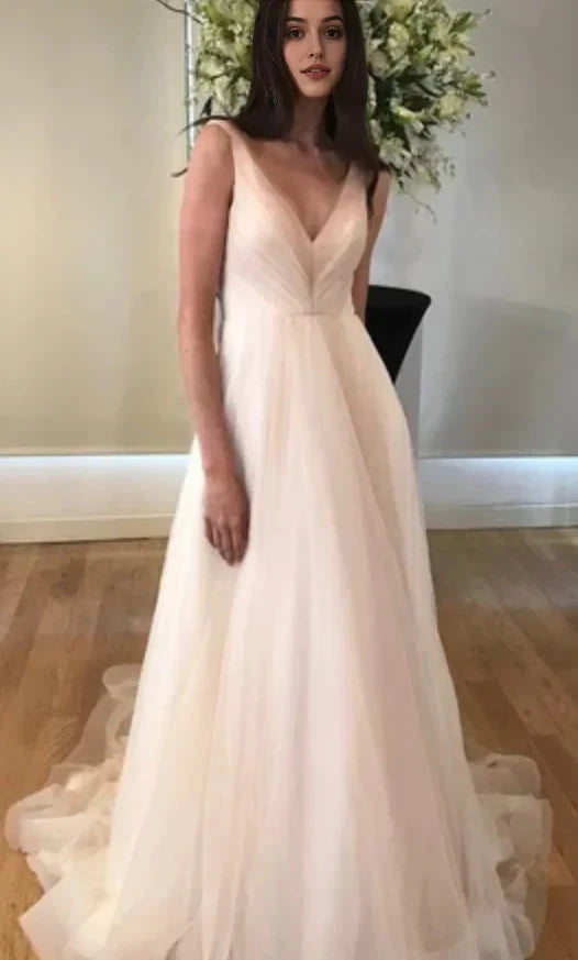 Blush Pink V-Neck Tulle Maxi Dress with Train Pink V Neck Pleated Long Prom Dress Party Dresses by YiHuiw