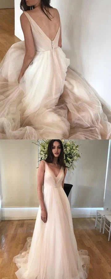 Blush Pink V-Neck Tulle Maxi Dress with Train Pink V Neck Pleated Long Prom Dress Party Dresses by YiHuiw