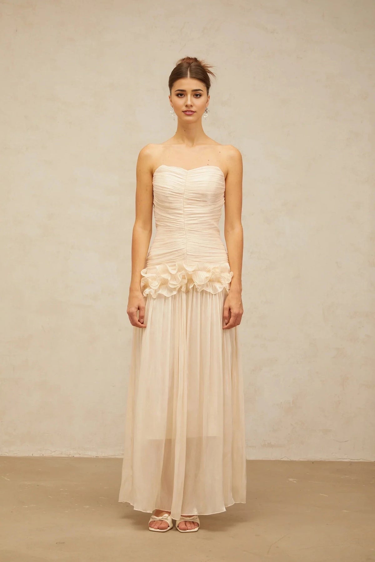 Blush Strapless Ruffled Chiffon Maxi Dress neutrals ruffled pleated maxi dress Evening Dress by YiHuiw