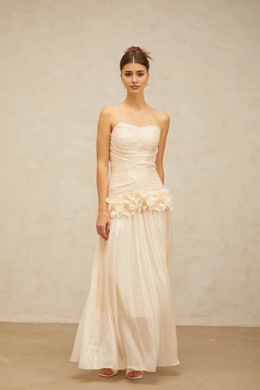 Blush Strapless Ruffled Chiffon Maxi Dress neutrals ruffled pleated maxi dress Evening Dress by YiHuiw
