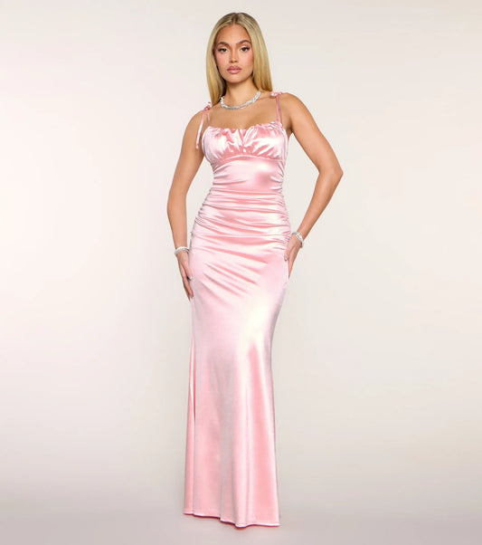 Mermaid Spaghetti Strap Satin Lace-Up Back Ruched Floor-Length Wedding Dress - Yihuiw by Yihuiw