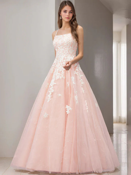 Blush Pink Sequin Tulle Ball Dress Prom Dress with 3D Lace Appliqué, One-Shoulder Neckline & Cross-Back Straps
