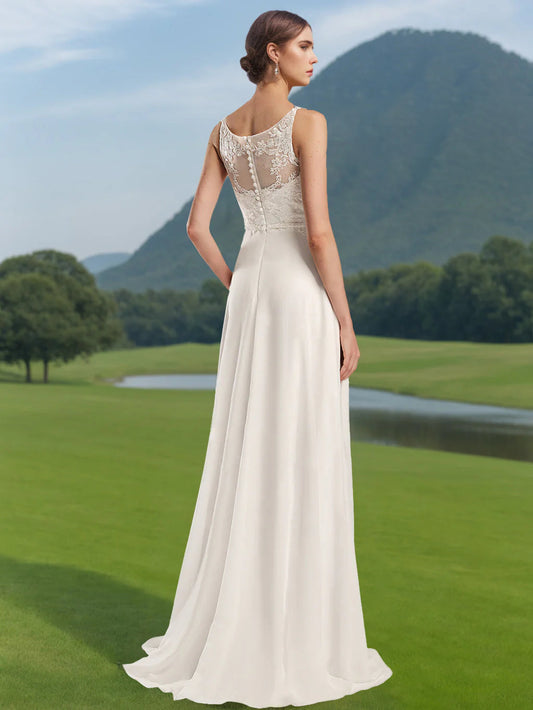 Boat-Neck Illusion Lace Chiffon Wedding Dress with Embroidered Bodice, Beaded Waistband & Chapel Train