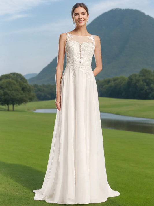 Boat-Neck Illusion Lace Chiffon Wedding Dress with Embroidered Bodice, Beaded Waistband & Chapel Train