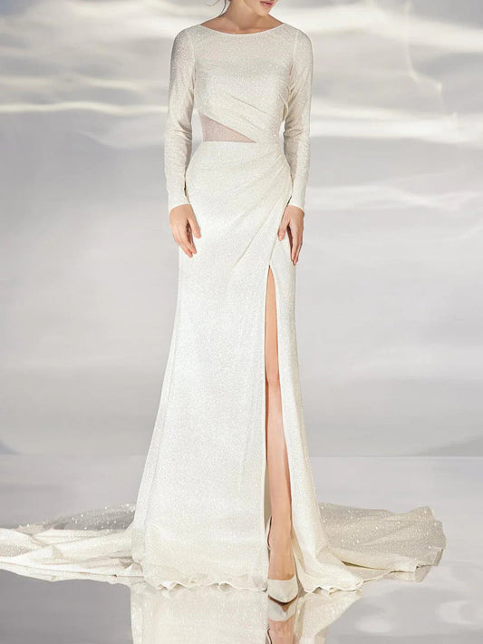 Boat Neck Long Sleeve Glitter Mermaid Wedding Dress with Illusion Cutout High Slit Sweep Train Bridal Dress