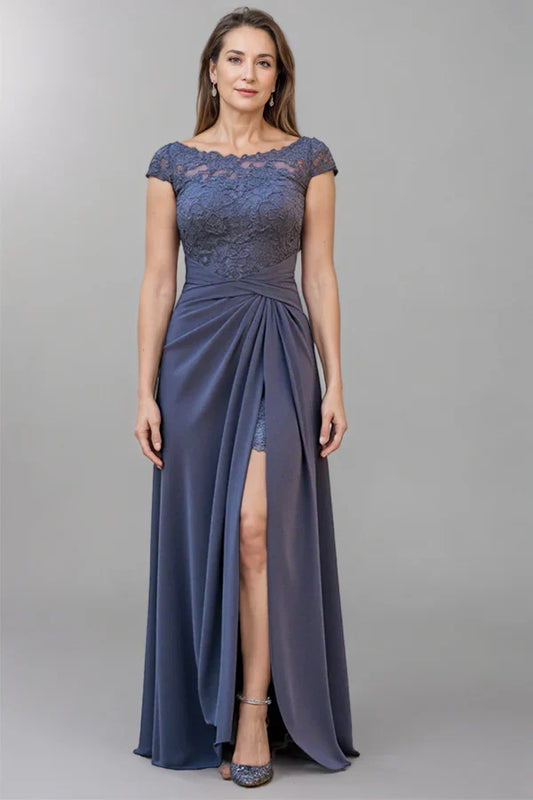 Dusty Blue Lace Mother of the Bride Dress with Cap Sleeves and High Slit – Elegant Formal Evening Gown