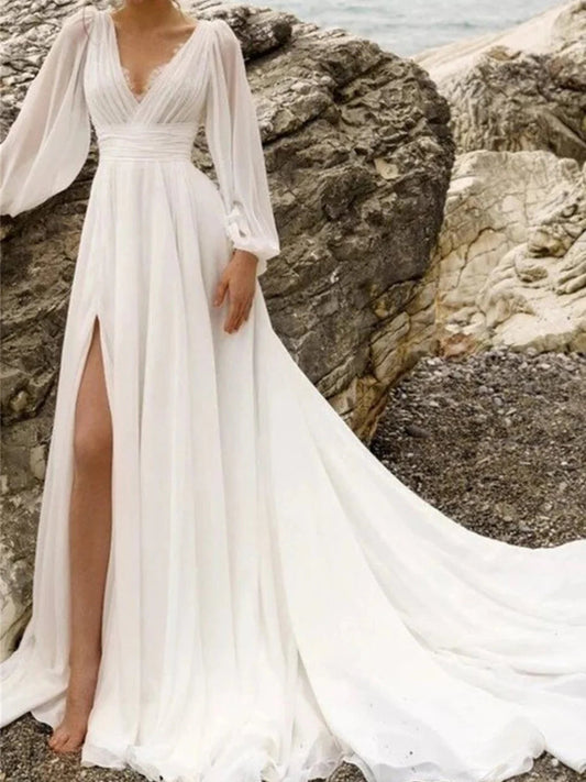 Bohemian Ivory V-Neck Lace Trim Chiffon Bishop Sleeve A-Line Floor-Length Wedding Dress with Sweep Train