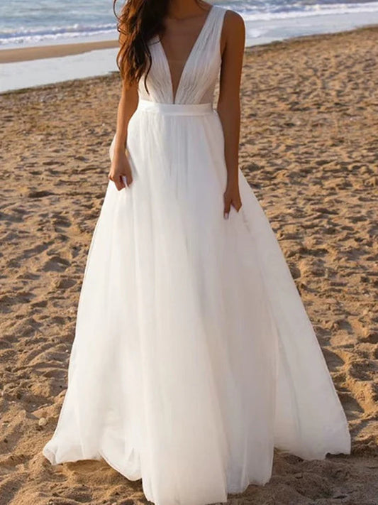 Bohemian Plunging V-Neck Crinkle Tulle Sleeveless A-Line Beach Wedding Dress with Sweep Train
