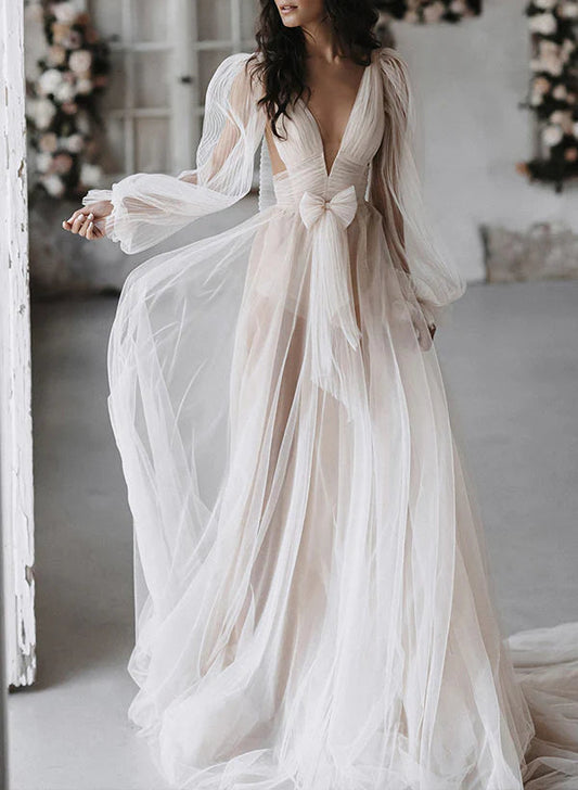 Bohemian Plunging V-Neck Sheer Puff Sleeve Open Back Tulle A-Line Wedding Dress with Chapel Train