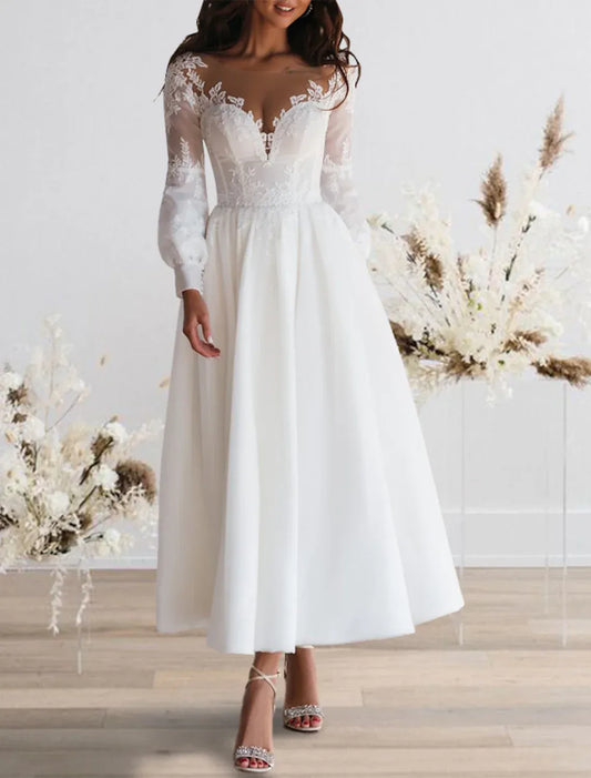 A-Line Illusion Puff Sleeve Tea-Length Wedding Dress - Yihuiw by Yihuiw