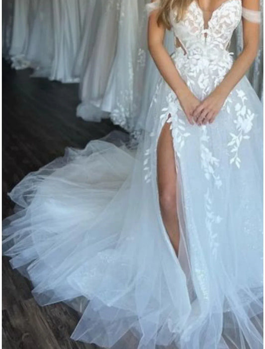 A-Line Sweetheart Tulle High Slit Wedding Dress - Yihuiw by Yihuiw