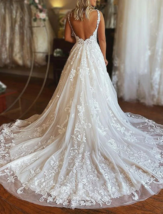 A-Line Spaghetti Strap Tulle Open Back Train Wedding Dress - Yihuiw by Yihuiw