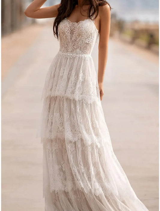 A-Line V-Neck Lace Ruffled Wedding Dress - Yihuiw by Yihuiw