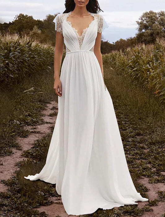 A-Line V-Neck Lace Cap Sleeve Train Wedding Dress - Yihuiw by Yihuiw
