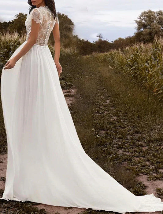 A-Line V-Neck Lace Cap Sleeve Train Wedding Dress - Yihuiw by Yihuiw