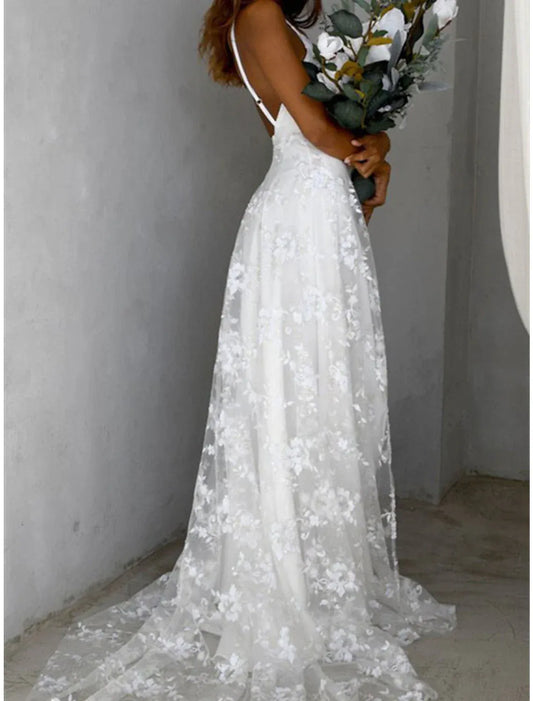 Spaghetti Strap Lace High Slit Floor-Length Wedding Dress - Yihuiw by Yihuiw
