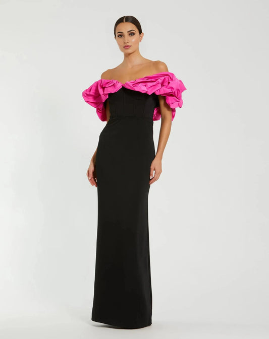 Bold Contrast Mermaid Off Shoulder Ruffle Sleeve Open Back Floor Length Prom Dress by YiHuiw