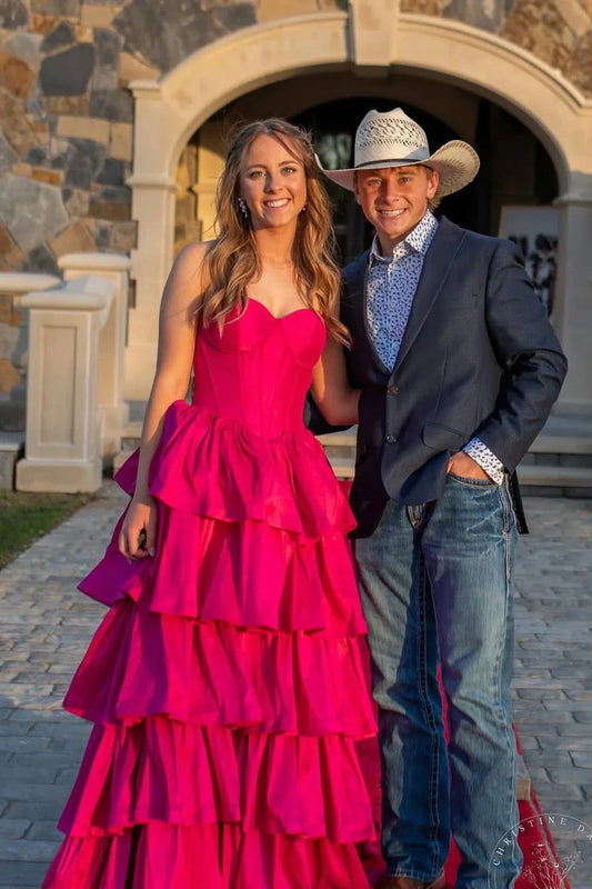 Bold Fuchsia Strapless Prom Dress with Corset Bodice and Tiered Ruffle Skirt by JiMiss Dresses