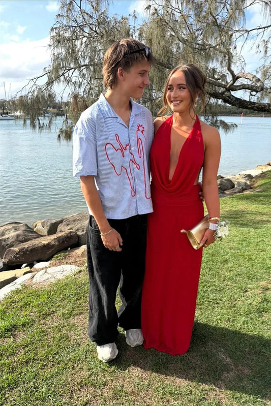 Bold Red Halter Prom Dresses with Cowl Neckline, Ruched Bodice and Floor-Length Jersey Skirt Formal Gown by JiMiss Dresses