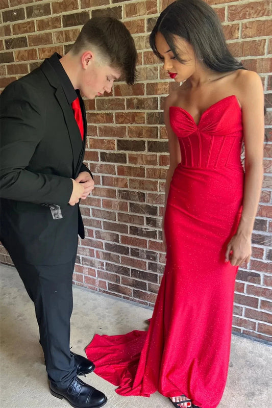 Bold Strapless Sweetheart Glitter Mermaid Prom Dress with Ruched Back & Train by JiMiss Dresses