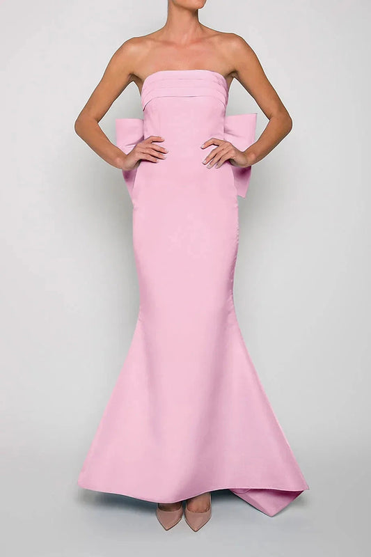 Bow Accented Mermaid Strapless Sleeveless Open Back Floor Length For Women Prom Dress by YiHuiw