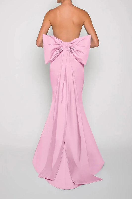 Bow Accented Mermaid Strapless Sleeveless Open Back Floor Length For Women Prom Dress by YiHuiw