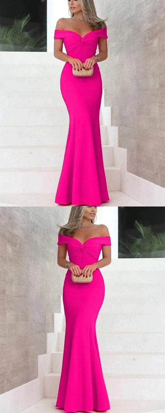 Bright pink off shoulder long dress, with off shoulder design suitable for weddings, dinners, etc by YiHuiw