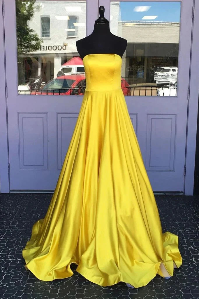 Bright yellow satin dress with strapless design suitable for dinners, dances, and other occasions by YiHuiw