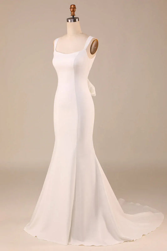 Mermaid Square Neck Crepe Train Wedding Dress - Yihuiw by Yihuiw