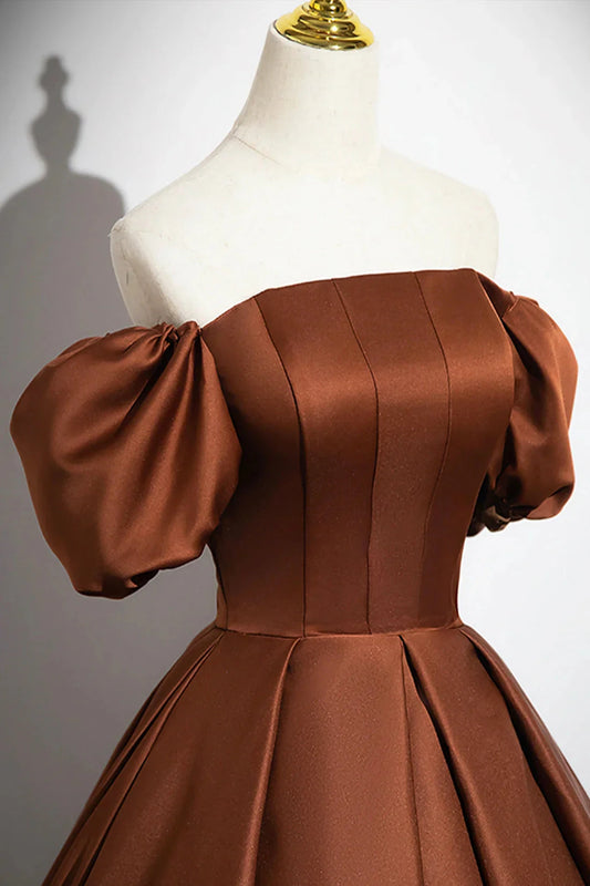 Brown Satin Long A-Line Prom Dress Off the Shoulder Evening Party Dress simple gentle atmospheric and unique desi Bring summer colors to enhance white by YiHuiw