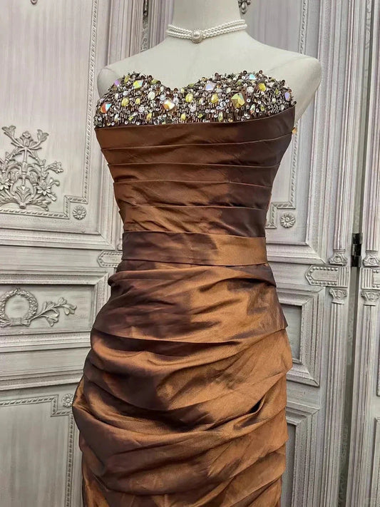Brown rhinestone short satin homecoming dress prom party dress simple gentle atmospheric and unique desi Bring summer colors to enhance whiteness by YiHuiw