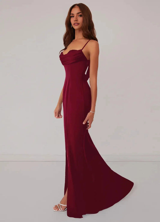 Burgundy Cowl Neck Maxi Dress with Side Slit and Crisscross Back Burgundy Mermaid Corset Stretch Satin Dress Burgundy Bridesmaid Dresses by YiHuiw