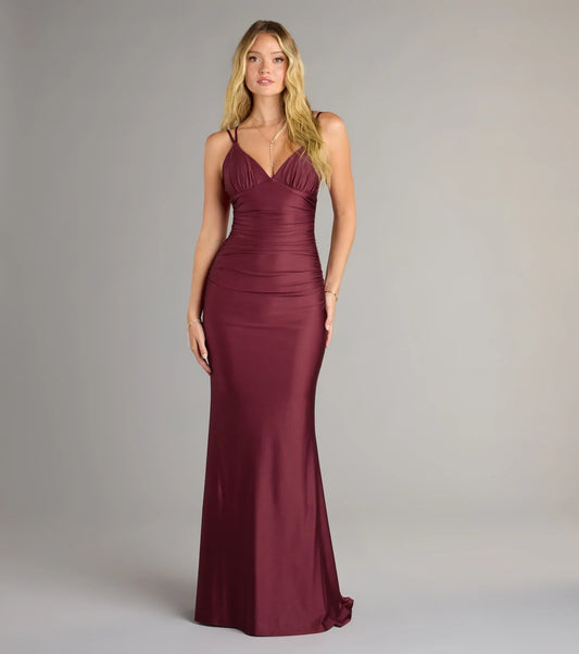 Burgundy Mermaid V-Neck Lace Lace-Up Back Ruched Floor-Length Wedding Dress - Yihuiw by Yihuiw