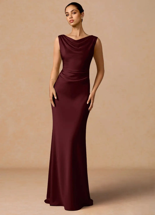 Burgundy Mermaid Cowl Neck Satin Sleeveless Floor-Length Wedding Dress - Yihuiw by Yihuiw