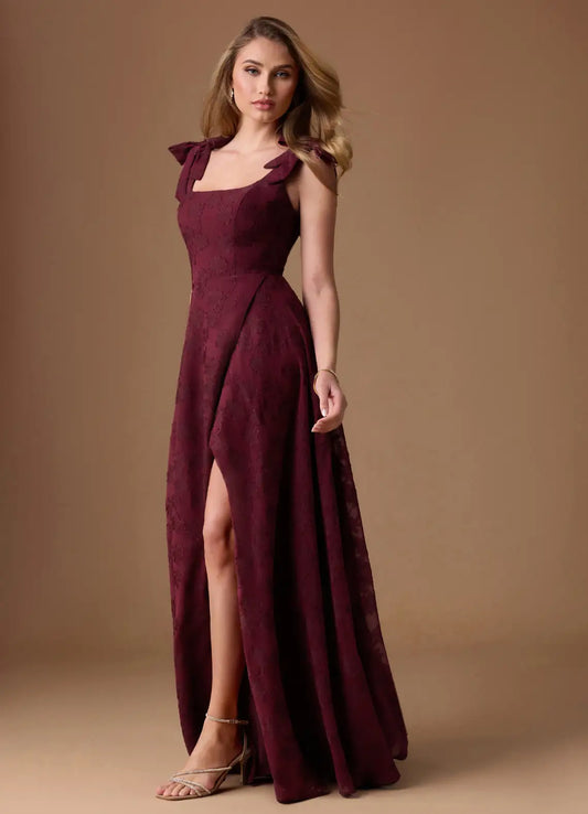 Burgundy A-Line Square Neck Floor-Length Wedding Dress - Yihuiw by Yihuiw