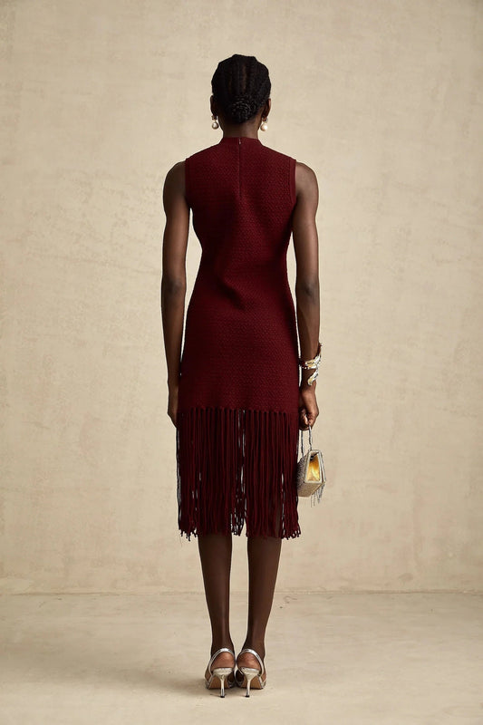 Burgundy Fringe Hem Sleeveless Midi Dress red fringe-detail knitted midi dress Evening Dress by YiHuiw