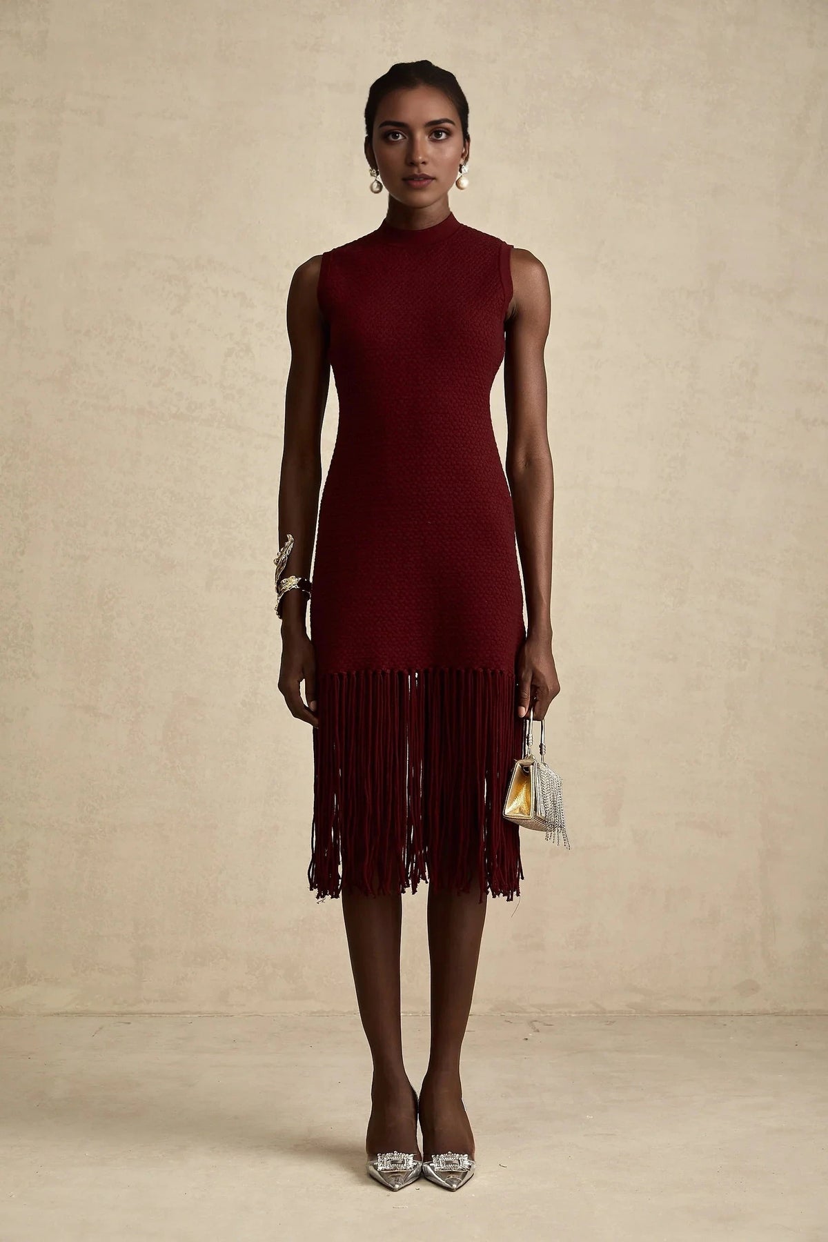 Burgundy Fringe Hem Sleeveless Midi Dress red fringe-detail knitted midi dress Evening Dress by YiHuiw